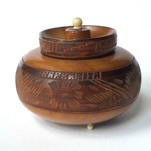 Vintage Wooden Box Carved BARBARITA Flowers Unique Gift Jewelry Container Unique